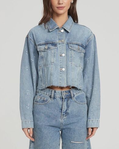 YEXPINE Women's Cropped Denim Jacket Rhinestone Sparkly Bling Raw Hem Jean Jacket Going Out Party Y2K Streetwear in Kuwait
