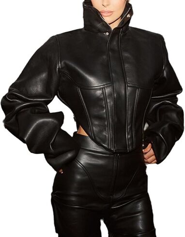 Wuitrie Womens Vintage Faux Leather Jacket High Neck Cropped Coat Long Sleeve Fashion Outerwear Casual Street Style in Saudi Arabia
