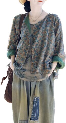 LZJN Women's Ramie Cardigan Thin Bohemian Floral Print Vintage Loose Fit Lightweight Coat in Saudi Arabia