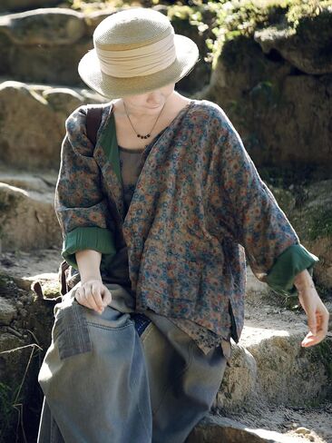 LZJN Women's Ramie Cardigan Thin Bohemian Floral Print Vintage Loose Fit Lightweight Coat in Saudi Arabia