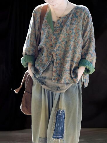 LZJN Women's Ramie Cardigan Thin Bohemian Floral Print Vintage Loose Fit Lightweight Coat in Saudi Arabia