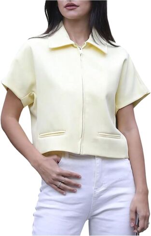 MakeMeChic Women's Zip Up Cropped Jackets Collared Short Sleeve Summer Casual Coats in Kuwait