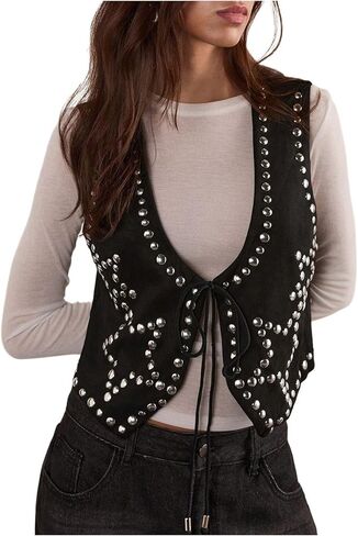 MakeMeChic Women's Star Studded Jacket Sleeveless Tie V Neck Asymmetrical Punk Boho Vest Crop Tops in Kuwait