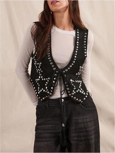 MakeMeChic Women's Star Studded Jacket Sleeveless Tie V Neck Asymmetrical Punk Boho Vest Crop Tops in Kuwait