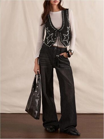 MakeMeChic Women's Star Studded Jacket Sleeveless Tie V Neck Asymmetrical Punk Boho Vest Crop Tops in Kuwait