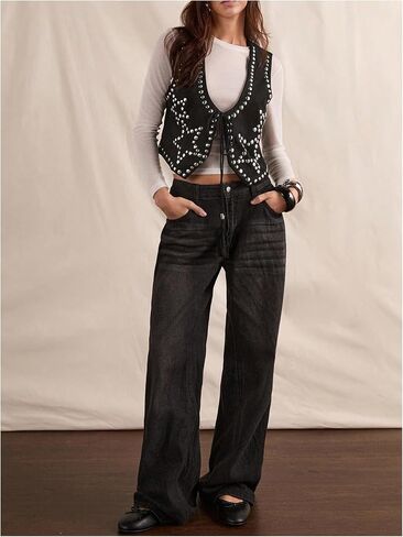 MakeMeChic Women's Star Studded Jacket Sleeveless Tie V Neck Asymmetrical Punk Boho Vest Crop Tops in Kuwait