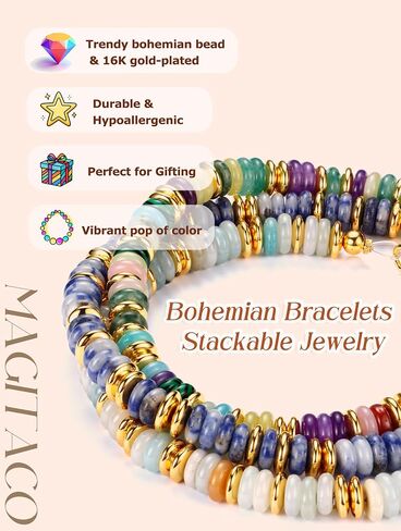 Magitaco Colorful Gemstone Bead Bracelets for Women in 16k Gold Plated Finish Offering Water Resistant Everyday Jewelry Wear with Vibrant Stone Beaded Bangle Design and Secure Adjustable Chain Fit in Saudi Arabia