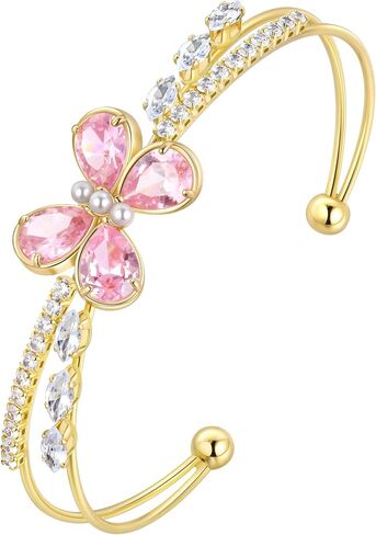 Butterfly Adjustable Bracelet with Pink Birthstone Sillver/18K Gold Plated Open Cuff Bangle Jewelry for Women CB0013 in Saudi Arabia