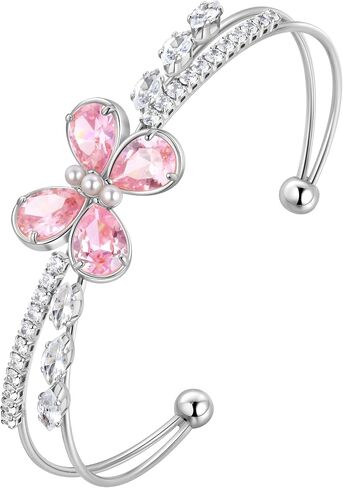 Butterfly Adjustable Bracelet with Pink Birthstone Sillver/18K Gold Plated Open Cuff Bangle Jewelry for Women CB0013 in Kuwait