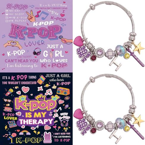 Charm Bracelet Set with Heart, Star, Key Charms, Purple and Pink, Silver Wire Bangle, 2 Pack in Saudi Arabia