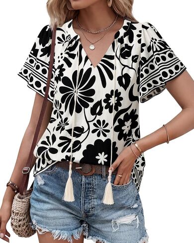 Youtalia Women's Boho Casual V Neck Short Sleeve Blouses Bohemian Floral Tie Front Flowy Vacation Tops Shirts in Kuwait