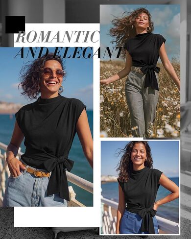 Cuffbow Women Dressy Tops Business Casual Cap Sleeve Mock Neck Blouses Tie Waist Belted Work Shirts Summer Trendy Tunic 2026 in Kuwait