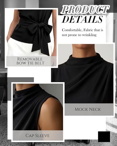 Cuffbow Women Dressy Tops Business Casual Cap Sleeve Mock Neck Blouses Tie Waist Belted Work Shirts Summer Trendy Tunic 2026 in Kuwait