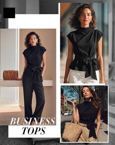 Cuffbow Women Dressy Tops Business Casual Cap Sleeve Mock Neck Blouses Tie Waist Belted Work Shirts Summer Trendy Tunic 2026 in Kuwait