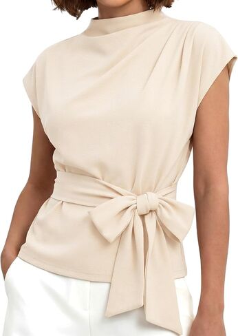 Cuffbow Women Dressy Tops Business Casual Cap Sleeve Mock Neck Blouses Tie Waist Belted Work Shirts Summer Trendy Tunic 2026 in Kuwait