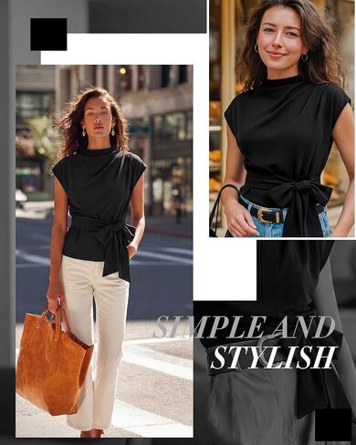 Cuffbow Women Dressy Tops Business Casual Cap Sleeve Mock Neck Blouses Tie Waist Belted Work Shirts Summer Trendy Tunic 2026 in Kuwait