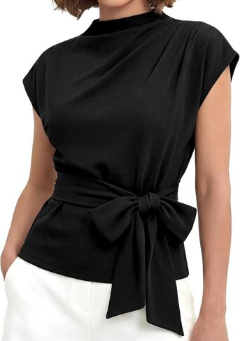 Cuffbow Women Dressy Tops Business Casual Cap Sleeve Mock Neck Blouses Tie Waist Belted Work Shirts Summer Trendy Tunic 2026 in Kuwait