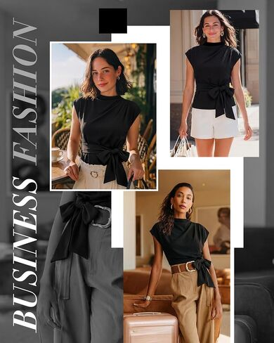 Cuffbow Women Dressy Tops Business Casual Cap Sleeve Mock Neck Blouses Tie Waist Belted Work Shirts Summer Trendy Tunic 2026 in Kuwait