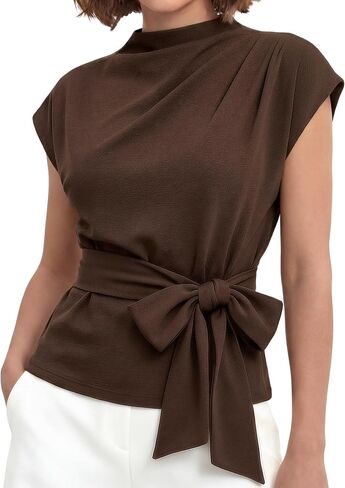 Cuffbow Women Dressy Tops Business Casual Cap Sleeve Mock Neck Blouses Tie Waist Belted Work Shirts Summer Trendy Tunic 2026 in Kuwait