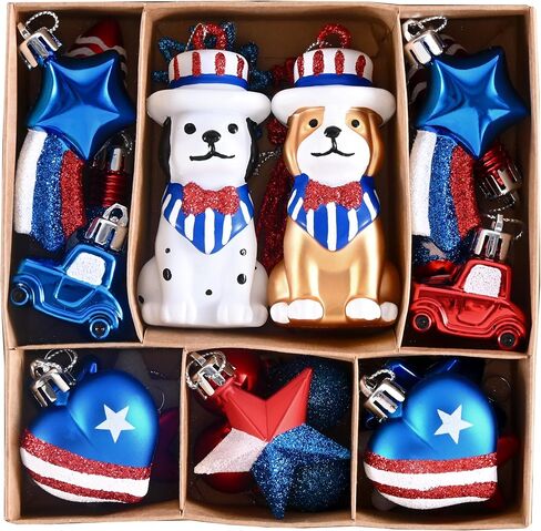 DecorbyHannah 4th of July Tree Decorations, 32ct Memorial Day Ornaments for Tree Patriotic Red White Blue Shatterproof Hanging Dog Pet Car Ornaments for Independence Day, Flag Day, USA 250th Holiday in Saudi Arabia
