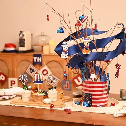 DecorbyHannah 4th of July Tree Decorations, 32ct Memorial Day Ornaments for Tree Patriotic Red White Blue Shatterproof Hanging Dog Pet Car Ornaments for Independence Day, Flag Day, USA 250th Holiday in Saudi Arabia