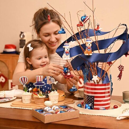 DecorbyHannah 4th of July Tree Decorations, 32ct Memorial Day Ornaments for Tree Patriotic Red White Blue Shatterproof Hanging Dog Pet Car Ornaments for Independence Day, Flag Day, USA 250th Holiday in Saudi Arabia