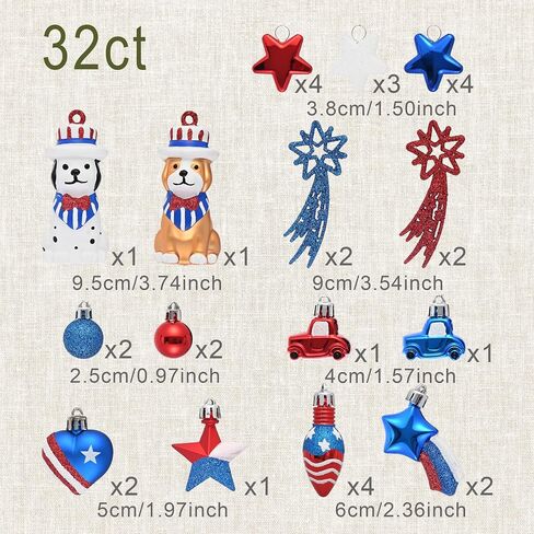 DecorbyHannah 4th of July Tree Decorations, 32ct Memorial Day Ornaments for Tree Patriotic Red White Blue Shatterproof Hanging Dog Pet Car Ornaments for Independence Day, Flag Day, USA 250th Holiday in Saudi Arabia