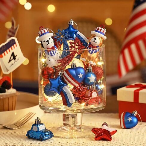 DecorbyHannah 4th of July Tree Decorations, 32ct Memorial Day Ornaments for Tree Patriotic Red White Blue Shatterproof Hanging Dog Pet Car Ornaments for Independence Day, Flag Day, USA 250th Holiday in Saudi Arabia