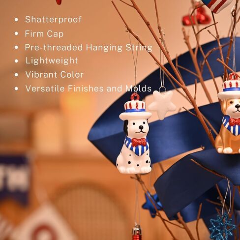 DecorbyHannah 4th of July Tree Decorations, 32ct Memorial Day Ornaments for Tree Patriotic Red White Blue Shatterproof Hanging Dog Pet Car Ornaments for Independence Day, Flag Day, USA 250th Holiday in Saudi Arabia