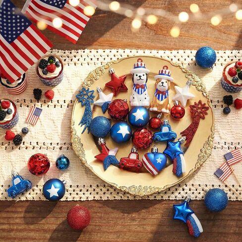 DecorbyHannah 4th of July Tree Decorations, 32ct Memorial Day Ornaments for Tree Patriotic Red White Blue Shatterproof Hanging Dog Pet Car Ornaments for Independence Day, Flag Day, USA 250th Holiday in Saudi Arabia