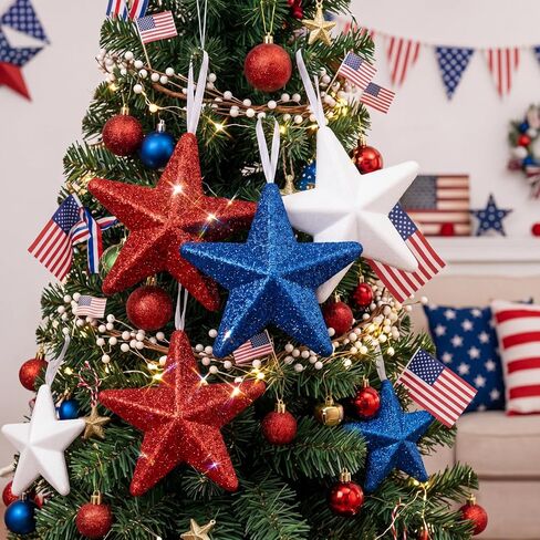 24 Pcs 4th of July Large Star Ornaments, 4.3 Inch Patriotic Hanging Glitter Star Red White Blue Tree Decor for Independence Day, 250th Anniversary, Memorial Day Home Party Decor in Kuwait