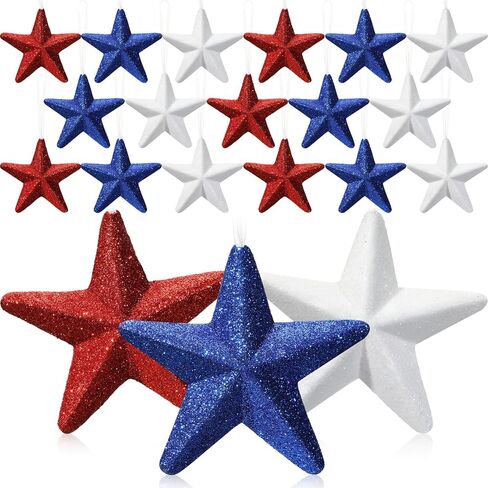 24 Pcs 4th of July Large Star Ornaments, 4.3 Inch Patriotic Hanging Glitter Star Red White Blue Tree Decor for Independence Day, 250th Anniversary, Memorial Day Home Party Decor in Kuwait