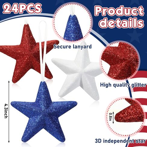 24 Pcs 4th of July Large Star Ornaments, 4.3 Inch Patriotic Hanging Glitter Star Red White Blue Tree Decor for Independence Day, 250th Anniversary, Memorial Day Home Party Decor in Kuwait