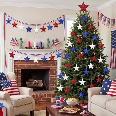 24 Pcs 4th of July Large Star Ornaments, 4.3 Inch Patriotic Hanging Glitter Star Red White Blue Tree Decor for Independence Day, 250th Anniversary, Memorial Day Home Party Decor in Kuwait