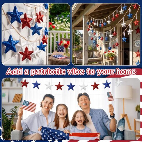 24 Pcs 4th of July Large Star Ornaments, 4.3 Inch Patriotic Hanging Glitter Star Red White Blue Tree Decor for Independence Day, 250th Anniversary, Memorial Day Home Party Decor in Kuwait