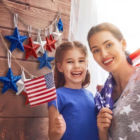 24 Pcs 4th of July Large Star Ornaments, 4.3 Inch Patriotic Hanging Glitter Star Red White Blue Tree Decor for Independence Day, 250th Anniversary, Memorial Day Home Party Decor in Kuwait