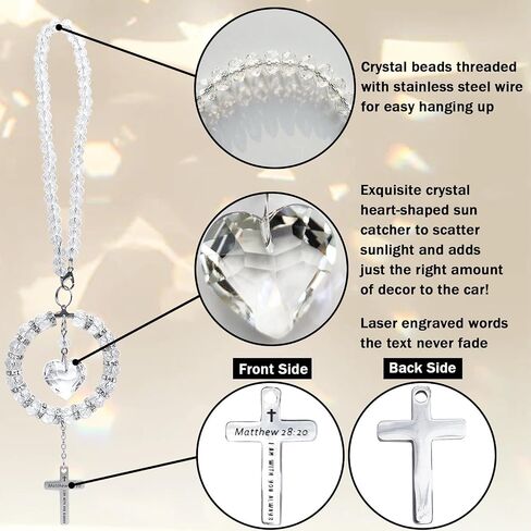 Bible Verse Car Rearview Hanging Cross, Bling Suncatcher Crystal Car Charm Mirror Hanger, 'I Am with You Always' Matthew 28:20, Christian Cross for Car Accessories Ornament Religious Gift for Women in Saudi Arabia