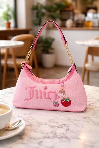 Juicy Couture Women’s Berry Sweet Hobo Shoulder Bag with Embroidered Logo, Strawberry Charm & Chain Strap (Pink) in Kuwait