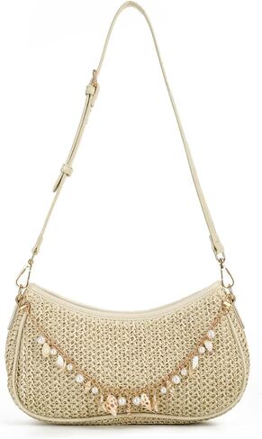 Fecialy Straw Shoulder Bag for Women Woven Boho Beaded Clutch Purse Raffia Summer Beach Vacation Purse in Kuwait