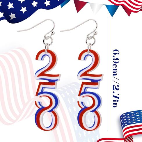 4th of July Earrings for Women, Independence Day Patriotic Dangle Earrings, 250th Anniversary 250 Number Drop Earrings, July 4th Birthday Anniversary Holiday Gifts for Women in Saudi Arabia