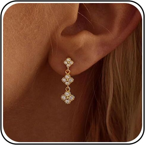 Dangle Earrings for Women,Dainty Bridal Earrings 14k Gold Plated CZ Clover Drop Earrings Cute Crystal Gold Earrings for Women Trendy Long Wedding Dangling Earrings Prom Jewelry in Saudi Arabia