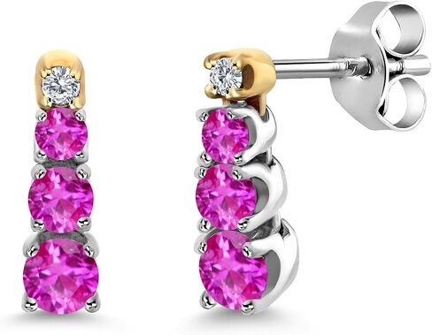 Gem Stone King 0.47 Ct Round Pink Sapphire and Created Moissanite 925 Silver and 10K Yellow Gold Earrings in Kuwait