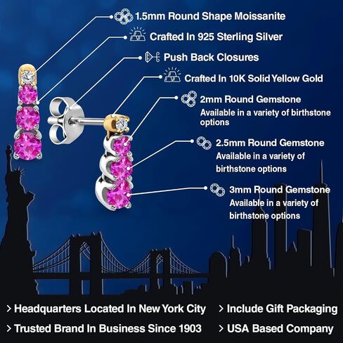 Gem Stone King 0.47 Ct Round Pink Sapphire and Created Moissanite 925 Silver and 10K Yellow Gold Earrings in Kuwait