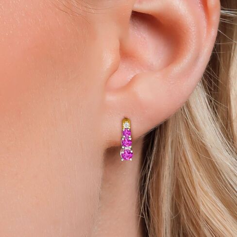 Gem Stone King 0.47 Ct Round Pink Sapphire and Created Moissanite 925 Silver and 10K Yellow Gold Earrings in Kuwait