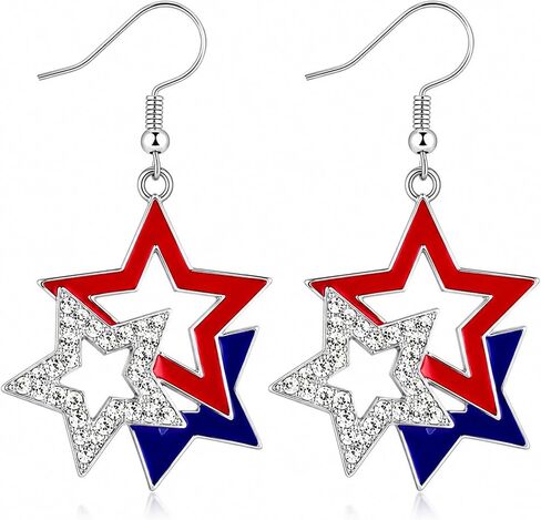 Red White Blue Patriotic USA Star Dangle American Flag Earrings, 4th of July Accessories,Stars & Stripes Crystal Sparkle Earring, Independence Day Jewelry Gift for Women in Saudi Arabia