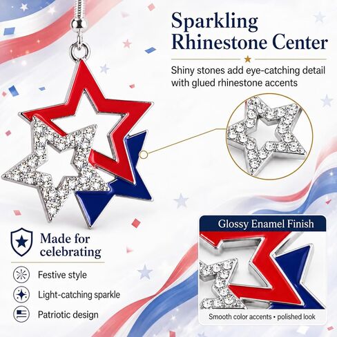 Red White Blue Patriotic USA Star Dangle American Flag Earrings, 4th of July Accessories,Stars & Stripes Crystal Sparkle Earring, Independence Day Jewelry Gift for Women in Saudi Arabia