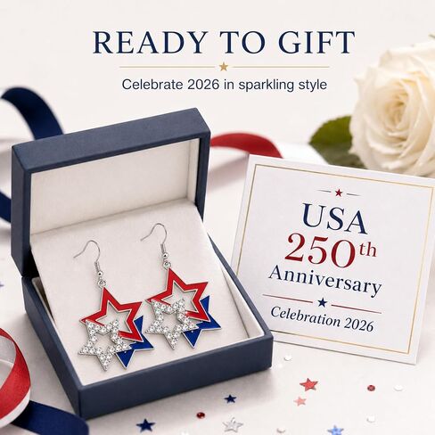 Red White Blue Patriotic USA Star Dangle American Flag Earrings, 4th of July Accessories,Stars & Stripes Crystal Sparkle Earring, Independence Day Jewelry Gift for Women in Saudi Arabia