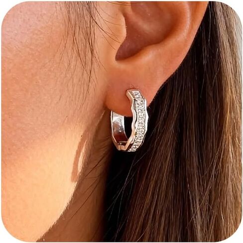 Silver Hoop Earrings, Small Chunky Silver Shiny Cubic Zirconia Twisted Hoop Earrings for Women Trendy Hypoallergenic Lightweight Thick Wave Huggie Earing Jewelry for Women Gifts in Box in Kuwait