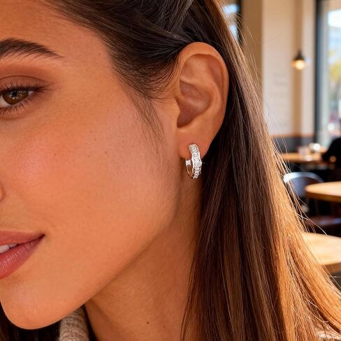 Silver Hoop Earrings, Small Chunky Silver Shiny Cubic Zirconia Twisted Hoop Earrings for Women Trendy Hypoallergenic Lightweight Thick Wave Huggie Earing Jewelry for Women Gifts in Box in Kuwait