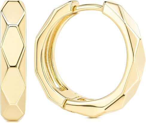 14k Gold Geometric Faceted Hoop Earrings 20mm Diameter 4mm Width Small Geometric Hoops Hypoallergenic Polished Earrings Trendy Minimalist Jewelry for Women Suitable for Sensitive Ears in Saudi Arabia